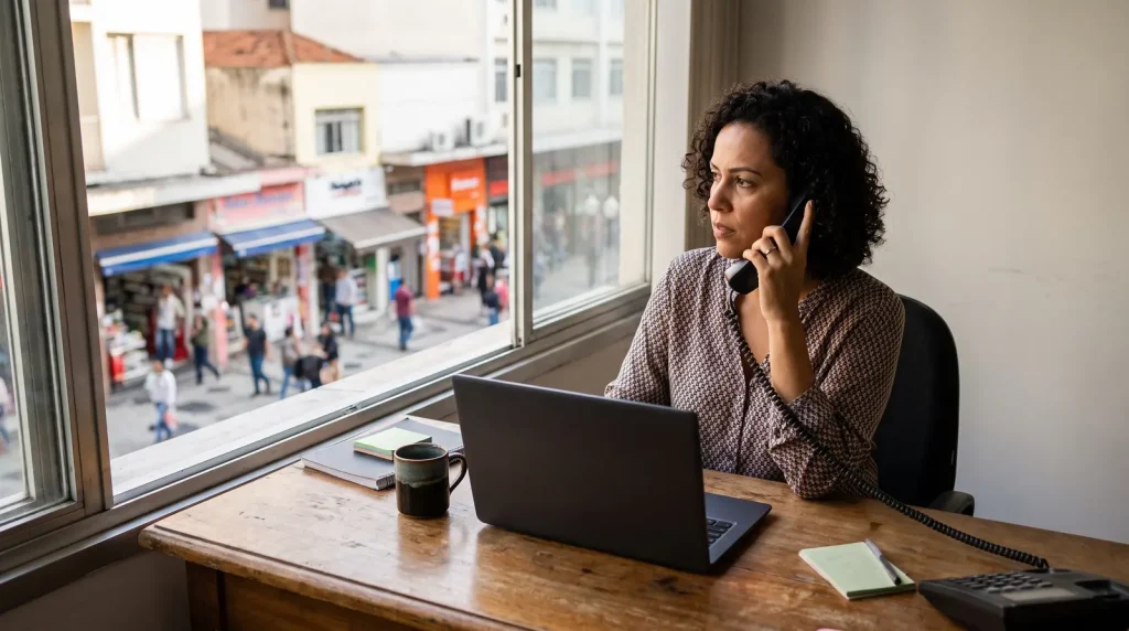 Mulher no escritório falando ao telefone fixo enquanto olha pela janela ao lado de um notebook.