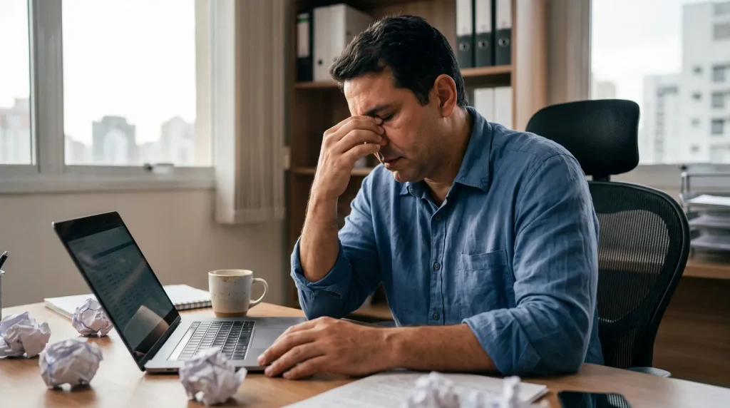 Homem cansado no escritório pressionando o nariz com os olhos fechados, sentado em frente ao notebook na mesa.