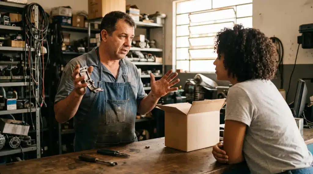 Mecânico mostrando uma peça de carro e explicando detalhes para uma cliente em uma oficina.