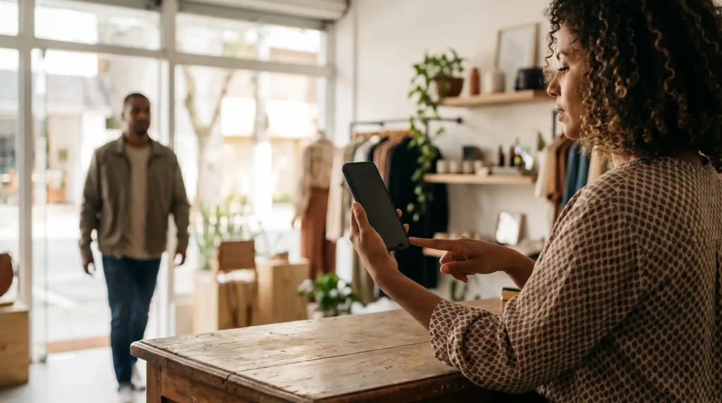 Mulher de perfil segura um smartphone em uma loja enquanto um cliente entra ao fundo.
