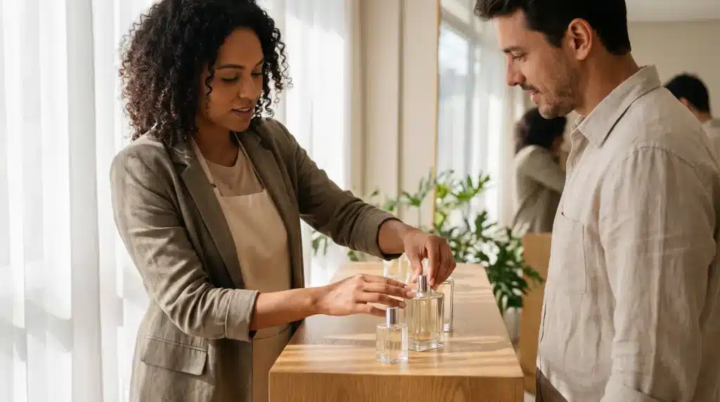 Mulher apresentando frascos de perfume em um balcão de madeira para um homem em uma loja iluminada.