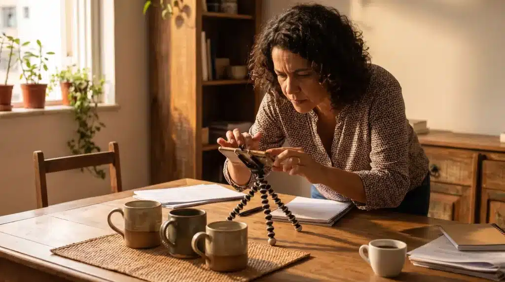 Mulher ajustando celular em tripé sobre mesa de madeira com xícaras e documentos.