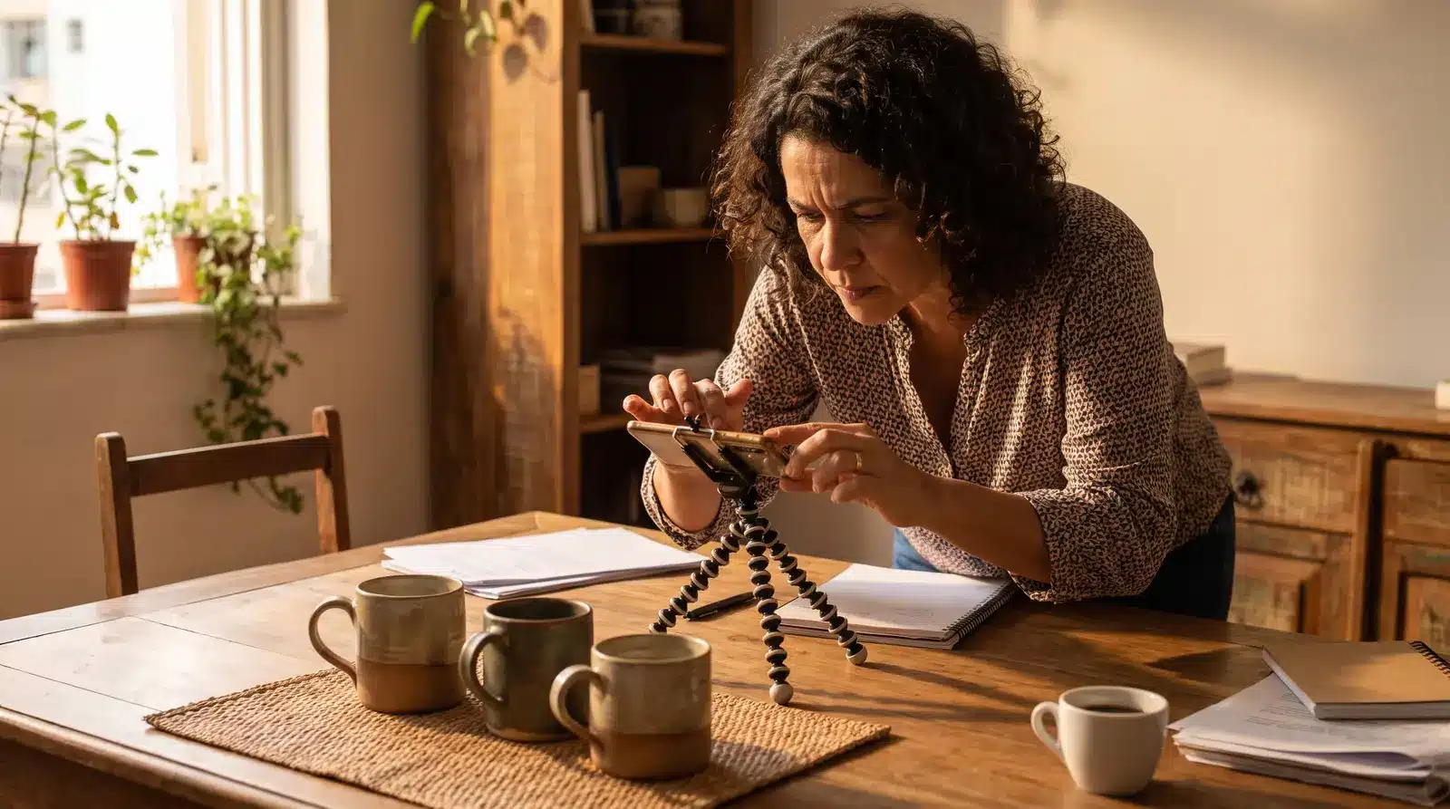 Mulher ajustando celular em tripé sobre mesa de madeira com xícaras e documentos.